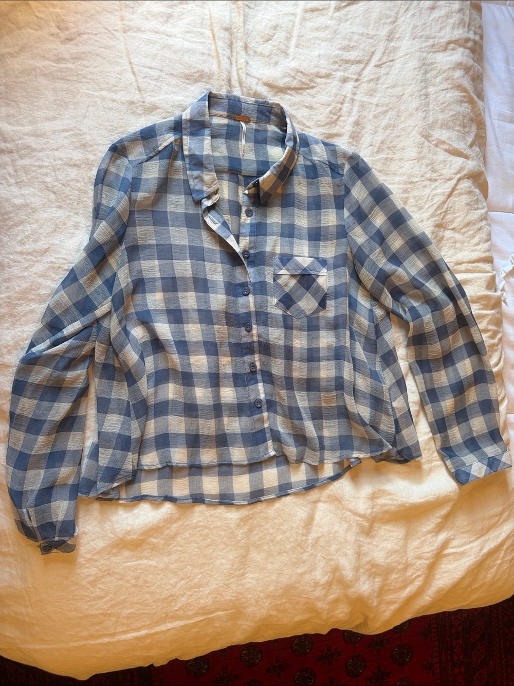 Free People Blue and White Sheer Gingham Button-Down Shirt